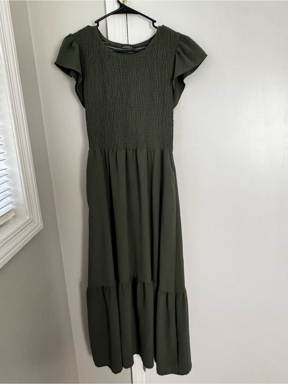 Olive Green Smocked Maxi Dress with Flutter Sleeves